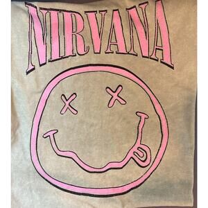 Nirvana Nevermind Logo Smiley Face Light Green/Gray and Pink T-Shirt M